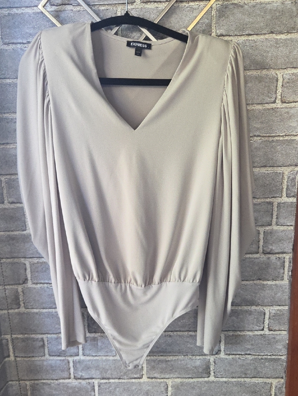 Express Gray V-Neck Draped Long Sleeve Bodysuit